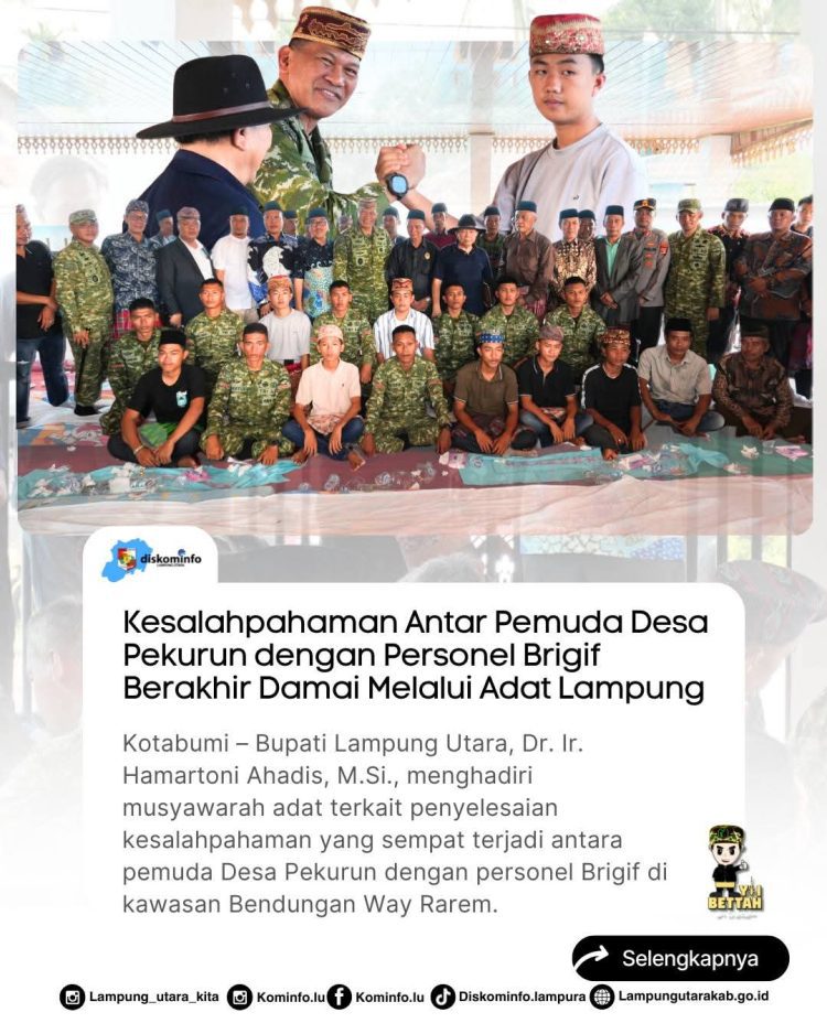 Kesalahpahaman Antar Pemuda Desa Pekurun dengan Personel Brigif Berakhir Damai Melalui Adat Lampung